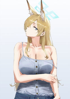 1girl absurdres animal_ear_fluff animal_ears bare_shoulders blonde_hair blue_archive blue_eyes blue_halo breasts cleavage closed_mouth collarbone commentary_request dog_ears dog_girl extra_ears hair_over_one_eye halo highres kanna_(blue_archive) large_breasts long_hair looking_at_viewer pants shirt simple_background solo spaghetti_strap su-102 upper_body white_background