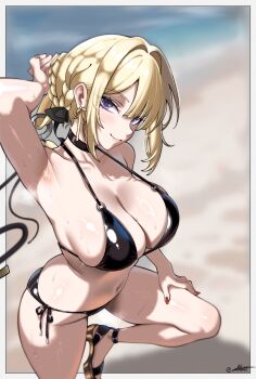 1girl absurdres alternate_costume ankle_strap arm_behind_head arm_up armpits artist_name bare_arms bare_legs bare_shoulders beach bikini black_bikini black_choker black_ribbon black_sandals blonde_hair blurry blurry_background blush border braid braided_bun breasts choker cleavage closed_mouth collarbone commentary cowboy_shot day depth_of_field ear_blush earrings english_commentary evelyn_chevalier fingernails grey_border hair_between_eyes hair_bun hair_extensions hair_intakes hair_ribbon hand_on_own_thigh high_heel_sandals highres jewelry large_breasts latsh leg_up looking_at_viewer looking_to_the_side nail_polish navel o-ring o-ring_bikini o-ring_top outdoors outside_border purple_eyes red_nails ribbon ring_hair_extensions sandals short_hair side-tie_bikini_bottom sideways_glance signature smile solo standing standing_on_one_leg steaming_body stomach strap_gap sweat swimsuit water zenless_zone_zero