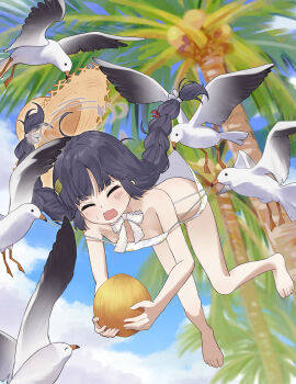 1girl absurdres ahoge akarichan_(1286817552) animal barefoot bikini bird black_hair blue_archive braid closed_eyes coconut coconut_tree commentary_request flying food full_body grey_halo halo hat highres holding holding_food leaf leaf_on_head leaf_print long_hair miyu_(blue_archive) miyu_(swimsuit)_(blue_archive) official_alternate_costume open_mouth palm_tree print_bikini seagull straw_hat swimsuit tree twin_braids wedgie white_bikini