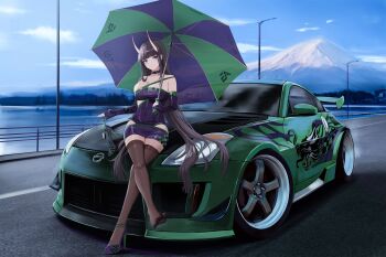 1girl absurdres against_vehicle alternate_costume areola_slip asymmetrical_dress azur_lane backless_dress backless_outfit bare_shoulders black_choker black_hair blue_sky blush breasts bridge brown_thighhighs car checkered_clothes checkered_dress checkered_footwear checkered_gloves choker cleavage closed_mouth clothing_cutout cloud collarbone commentary company_name copyright_name country_connection crossed_legs day dress elbow_gloves electronic_arts eyelashes feet gloves green_car green_trim high_heels highres hip_vent holding holding_shoes holding_umbrella holding_unworn_clothes horns japan kawaguchiko_bridge kcar66t key lamppost large_breasts latex latex_dress latex_gloves latex_skirt leaning_against_vehicle legs light_smile logo long_hair microdress motor_vehicle mount_fuji mountain mountainous_horizon need_for_speed need_for_speed:_underground_2 nissan nissan_350z nissan_fairlady_z no_bra no_shoes noshiro_(azur_lane) on_car outdoors partially_fingerless_gloves pencil_dress pencil_skirt purple_eyes purple_gloves purple_shoes race_queen railing real_world_location revealing_clothes revision road seamed_legwear see-through_clothes see-through_dress shiny_clothes shoes side_cutout single_shoe single_strap skin_tight skindentation skirt sky sleeveless sleeveless_dress smile solo sports_car spread_toes stance_(vehicle) strappy_heels taut_clothes taut_dress thighhighs tight_clothes toes tree umbrella unworn_shoes vehicle_focus very_long_hair zettai_ryouiki