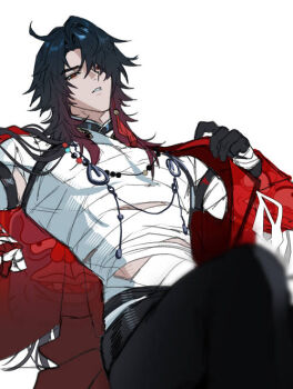 1boy ahoge bandaged_chest bandaged_torso beads black_hair blade_(honkai:_star_rail) commentary earrings english_commentary gloves gradient_hair hair_over_one_eye honkai:_star_rail honkai_(series) jacket jewelry long_hair multicolored_hair necklace onegingek open_clothes open_jacket pants parted_lips red_eyes single_earring strap tassel toned toned_male very_long_hair