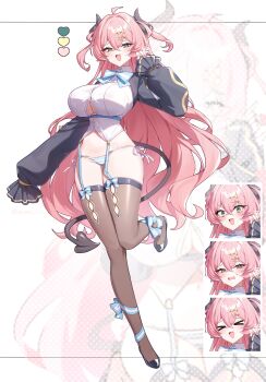 >_< 1girl absurdres ahoge black_horns black_shoes black_tail black_thighhighs blue_bow blue_bowtie bow bowtie breasts button_gap closed_eyes collared_shirt commentary_request crossed_bangs demon_girl demon_horns demon_tail fang full_body garter_straps green_eyes hair_between_eyes hair_bow hand_up heart highres horns large_breasts long_hair long_sleeves lowleg lowleg_panties mole mole_on_breast multiple_expressions open_mouth original panties pink_hair pointy_ears puffy_long_sleeves puffy_sleeves shirt shoes shrug_(clothing) side-tie_panties skindentation sleeves_past_fingers sleeves_past_wrists small_sweatdrop smile standing standing_on_one_leg string_panties striped_clothes striped_panties tail taiyaki12 thighhighs underwear v-shaped_eyebrows very_long_hair wavy_mouth white_shirt wide-eyed yellow_bow