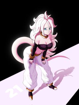 1girl android_21 bare_shoulders bent_over black_tube_top blue_eyes breasts cleavage colored_skin dragon_ball dragon_ball_fighterz earrings full_body harem_pants highres hoop_earrings ivyrandomart jewelry large_breasts long_hair looking_at_viewer majin_android_21 midriff pants pink_hair pink_skin pink_tail solo standing strapless tube_top white_pants