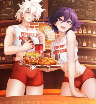 2boys absurdres alcohol arm_support bare_shoulders blue_eyes bottle bulge burger coca-cola collarbone commentary crop_top danganronpa_(series) danganronpa_2:_goodbye_despair danganronpa_v3:_killing_harmony employee_uniform english_commentary english_text femboy_hooters_(meme) flipped_hair food hair_between_eyes highres holding holding_tray hooters indoors komaeda_nagito looking_at_viewer magayser male_focus meme menu_board messy_hair midriff multiple_boys narrowed_eyes navel oma_kokichi onion_rings open_mouth orange_shorts pectorals poster_(object) pov print_tank_top purple_eyes purple_hair short_hair short_shorts shorts smile tank_top tray watermark white_hair