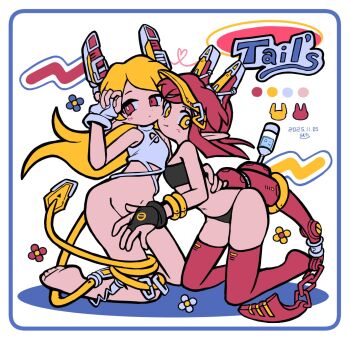 2girls barefoot black_bra black_panties blonde_hair bra cable cable_tail cropped_shirt fingerless_gloves full_body gloves headgear highres kneeling mechanical_tail multiple_girls original panties ramudia_(lamyun) red_eyes red_hair red_thighhighs shirt sleeveless sleeveless_shirt tail thighhighs underwear white_shirt yellow_eyes