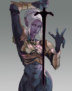 Rule 34 | 1girl, absurdres, arm up, armor, baldur's gate, baldur's gate 3, black gloves, black pants, breastplate, colored skin, commentary, corset, cowboy shot, dark elf, dungeonbgm, elf, english commentary, gloves, grey background, hair bun, highres, holding, holding sword, holding weapon, looking at viewer, minthara, pants, pauldrons, pointy ears, purple skin, red eyes, short hair, shoulder armor, simple background, single hair bun, solo, spread fingers, standing, sword, vambraces, weapon, white hair