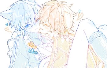 2boys akehoshi_subaru alternate_costume animal_ears apron blue_eyes blue_hair blue_jacket blue_leg_warmers cat_ears closed_eyes comedic_sweatdrop commentary_request dog_ears ensemble_stars! facing_another hair_between_eyes heart hidaka_hokuto highres jacket jersey_maid kemonomimi_mode korean_commentary leg_warmers looking_to_the_side maid maid_apron male_focus multiple_boys orange_hair orange_jacket seemillar simple_background smile unconventional_maid white_background yaoi