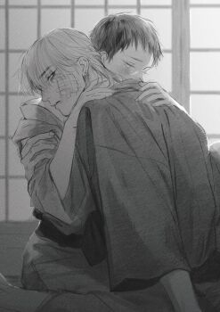 2boys architecture bags_under_eyes bandage_on_face bandages bare_shoulders black_hair blonde_hair chinatsu_(kimi_no_yoru_ni_fureru) earrings east_asian_architecture greyscale hand_on_another's_neck highres japanese_clothes jewelry kasumi_(kimi_no_yoru_ni_fureru) kimi_no_yoru_ni_fureru kimono light_blush looking_at_viewer looking_to_the_side male_focus mame_(mmgamegg) monochrome multiple_boys short_hair white_eyes yaoi