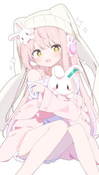 Rule 34 | + +, 1girl, :d, absurdres, animal hat, beanie, blush, borrowed character, commentary request, commission, feet out of frame, hat, highres, holding, holding stuffed toy, indie virtual youtuber, long hair, long sleeves, looking at viewer, open mouth, pink hair, pink sweater, rabbit hat, shirt, simple background, single bare shoulder, sitting, skeb commission, smile, solo, stuffed animal, stuffed rabbit, stuffed toy, sweater, urotsuki (ku9625), virtual youtuber, white background, white hat, white shirt, yellow eyes
