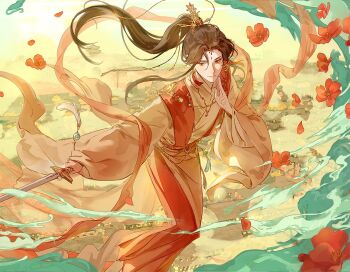 1boy brown_eyes brown_hair chinese_clothes closed_mouth cloud crown earrings eyeliner falling_petals floating flower forehead_jewel full_body hair_ornament hanfu high_ponytail holding holding_sword holding_weapon jewelry jian_(weapon) kkcoocool light_smile long_hair long_sleeves makeup male_focus outdoors parted_bangs petals ponytail prince red_eyeliner red_flower red_petals red_ribbon ribbon sash smile solo sword sword_tassel tassel tassel_earrings tianguan_cifu weapon white_hanfu wide_sleeves wuxia xiao_guan_(headdress) xie_lian xie_lian_(flower_crowned_martial_god)