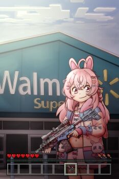1girl absurdres ahoge ar-15 assault_rifle bow braid cloud cowboy_shot female_focus flat_chest gun hair_bow hair_ornament heads-up_display highres holding holding_gun holding_weapon hood hooded_jacket jacket kiln_firelink looking_at_viewer m4_carbine magazine_(weapon) matching_hair/eyes midriff minecraft_hud navel outdoors phase_connect pink_eyes pink_hair pipkin_pippa rabbit_ears rifle scope shorts sky smile solo trigger_discipline user_interface virtual_youtuber walmart weapon