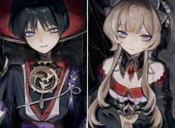 1boy 1girl absurdres black_background black_collar black_dress black_hair black_kimono black_sleeves blonde_hair blunt_bangs blunt_ends bonnet border chest_jewel choppy_bangs closed_mouth collar detached_collar detached_sleeves dress eyelashes eyeliner eyeshadow frilled_sleeves frills gem genshin_impact gold grey_veil hat highres japanese_clothes jewelry jingasa juban kimono l2_hh7 layered_sleeves looking_at_viewer makeup mandarin_collar mitsudomoe_(shape) neck_ring open_mouth purple_eyes purple_rope purple_sash purple_sleeves red_eyeliner red_eyeshadow red_gemstone red_hat red_kimono red_sash rope sandrone_(genshin_impact) sash scaramouche_(genshin_impact) shimenawa short_hair short_hair_with_long_locks short_sleeves sidelocks silk smile spider_web split_screen strapless strapless_dress swept_bangs tassel teeth tomoe_(symbol) tsurime upper_teeth_only veil white_bonnet white_border white_headdress white_kimono white_rope