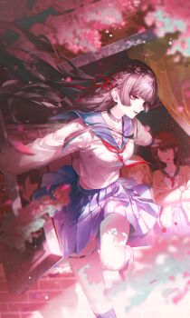 4girls absurdres alternate_costume black_choker black_hair blue_sailor_collar blue_skirt breasts cherry_blossoms chisa_(wuthering_waves) choker commentary english_commentary hair_ribbon highres isobe47 long_hair long_sleeves medium_breasts multiple_girls neckerchief open_mouth pink_petals red_eyes red_neckerchief red_ribbon ribbon sailor_collar school_uniform serafuku shirt skirt smile solo_focus white_shirt wuthering_waves