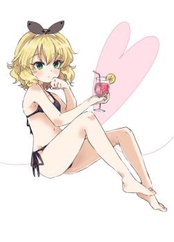 Rule 34 | 1girl, barefoot, bikini, bikini day, black bikini, blonde hair, breasts, cup, drink, feet, full body, green eyes, heart, holding, holding cup, idolmaster, idolmaster cinderella girls, legs, looking at viewer, navel, remiri nicoeli, sakurai momoka, short hair, side-tie bikini bottom, sitting, small breasts, solo, stomach, swimsuit, thighs, white background