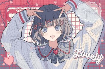 1girl black_hair blush braid commentary double_v grey_eyes hair_ornament hairclip heart highres long_sleeves looking_at_viewer moo_n_moko open_mouth original short_hair solo speech_bubble sweater twitter_username upper_body v v_over_head white_sweater