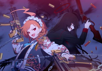 2girls ahoge artist_request black_hair black_halo black_jacket black_shirt blue_archive braid dual_wielding floral_print game_cg gun halo highres holding holding_gun holding_weapon huge_ahoge jacket lever_action long_sleeves looking_at_another maid_headdress multiple_girls neru_(blue_archive) non-web_source official_art open_mouth red_eyes red_hair red_halo shirt short_hair single_braid submachine_gun sukajan tongue tongue_out tsurugi_(blue_archive) weapon white_sleeves