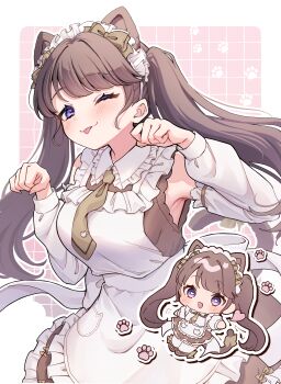 1girl ;3 ;p absurdres alternate_costume animal_ears apron armpits bare_shoulders blush border bow breasts bright_pupils brown_bow brown_dress brown_necktie cat_ears cat_tail chibi chibi_inset commentary_request detached_sleeves dress frilled_apron frills fujishima_megumi grid_background hair_bow heart heart-shaped_pupils highres hiyori_(20hiyori727) large_breasts link!_like!_love_live! long_hair long_sleeves looking_at_viewer love_live! maid_apron multiple_views necktie nyan_nyan_nyan_fair_in_gamers one_eye_closed outside_border paw_pose paw_print paw_print_background pink_background purple_eyes short_dress sleeveless sleeveless_dress smile symbol-shaped_pupils tail tail_bow tail_ornament thighhighs tie_clip tongue tongue_out twintails very_long_hair virtual_youtuber white_apron white_border white_pupils white_sleeves white_thighhighs
