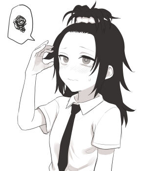 1girl absurdres alternate_hairstyle commentary_request hair_ornament hair_scrunchie highres koma_neko kuroki_tomoko necktie school_uniform scrunchie solo spoken_squiggle squiggle sweatdrop topknot watashi_ga_motenai_no_wa_dou_kangaetemo_omaera_ga_warui! wavy_mouth