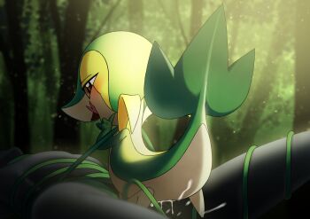 1boy 1girl brown_eyes commentary_request femdom forest furry furry_female gen_5_pokemon highres interspecies katahane3 licking_lips nature nintendo outdoors partial_commentary plant pokemon pokemon_(creature) pokephilia restrained size_difference snivy tongue tongue_out vines