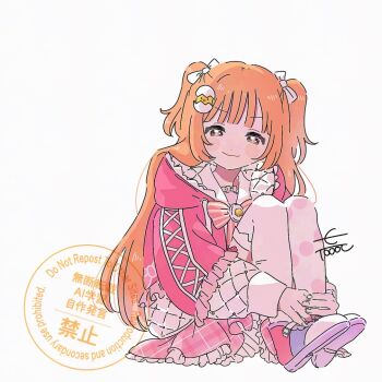 1girl asymmetrical_legwear blush_stickers bow bowtie closed_mouth drawstring e1000pie egg_hair_ornament food-themed_hair_ornament frilled_jacket frilled_sailor_collar frills full_body gem hair_ornament hair_ribbon hood hooded_jacket hugging_own_legs jacket kirara_tamako kirara_tamako_(2nd_costume) knees_up legs_together long_hair long_sleeves mismatched_legwear nijisanji on_floor open_clothes open_jacket orange_eyes orange_hair petticoat pink_bow pink_bowtie pink_jacket pink_shoes pink_skirt plaid_clothes plaid_skirt pleated_skirt polka_dot polka_dot_thighhighs puffy_long_sleeves puffy_sleeves ribbon sailor_collar shirt shoes signature simple_background sitting skirt sleeves_past_wrists smile solo striped_bow striped_bowtie striped_clothes thighhighs two-sided_fabric two-sided_jacket two_side_up v-shaped_eyebrows virtual_youtuber watermark white_background white_ribbon white_sailor_collar white_shirt white_thighhighs yellow_gemstone