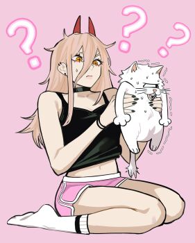 1girl ? ?? absurdres akutami_gege_(avatar) animal bare_shoulders black_choker black_nails black_tank_top blonde_hair bracelet cat chainsaw_man choker commentary confused cross-shaped_pupils demon_girl demon_horns dolphin_shorts ear_piercing english_commentary hair_between_eyes highres holding holding_animal holding_cat horns jewelry long_hair long_hair_between_eyes midriff multiple_bracelets navel one-eyed piercing pink_background pink_shorts power_(chainsaw_man) sailen0 short_shorts shorts simple_background sitting socks sweatdrop symbol-shaped_pupils tank_top wariza white_socks yellow_eyes