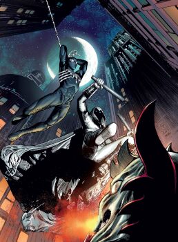 2boys absurdres animal_print animal_skull baton_(weapon) bird_skull black_bodysuit black_suit bodysuit cape checkered_cloak city_lights cityscape comic_cover cowl crescent_ornament dynamic_pose formal_clothes gargoyle gloves glowing glowing_eyes highres holding_baton hood hood_up hooded_cape living_clothes male_focus marvel mask moon_knight multicolored_bodysuit multiple_boys new_york_city official_art peter_parker print_bodysuit silk skyline spandex spider-man spider-man_(series) spider_print spider_web spider_web_print suit superhero_costume symbiote textless_version two-tone_bodysuit valerio_giangiordano weapon western_comics_(style) white_bodysuit white_cape white_gloves white_mask