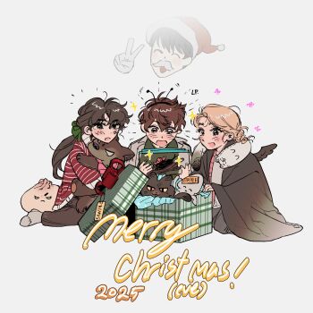 Rule 34 | 1boy, 2girls, :d, absurdres, antennae, black coat, black shirt, blonde hair, blush, bug cage, character doll, chibi, chibi inset, coat, cosplay, doll, fake antennae, foodification, gift, grin, highres, hugging object, kim dokja, kim dokja (cosplay), lee gilyoung, lp (sangkuranak), merry christmas, mini wings, multiple girls, notice lines, omniscient reader's viewpoint, open clothes, open coat, open mouth, shin yoosung, shirt, short hair, smile, twintails, white coat, wings, yoo joonghyuk, yoo mia