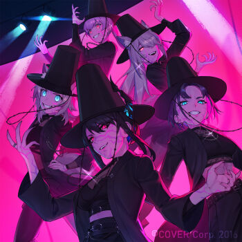 5girls animal_ear_fluff animal_ears blonde_hair blue_eyes blue_hair breasts commentary copyright_notice dasdokter demon dog_ears dog_girl english_commentary fuwawa_abyssgard gat_(hat) grin hat highres hololive hololive_english korean_clothes kpop_demon_hunters long_hair mococo_abyssgard mori_calliope multicolored_hair multiple_girls nerissa_ravencroft official_art open_mouth ouro_kronii pink_eyes pink_hair scene_reference short_hair siblings sisters smile streaked_hair teeth twins virtual_youtuber