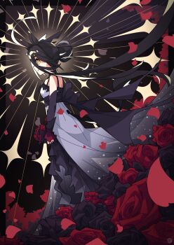 1girl absurdres ahoge animal_ears bare_shoulders black_flower black_hair black_rose choker detached_sleeves dress ear_ornament flower frilled_cuffs hair_between_eyes hair_bun highres horse_ears horse_girl lace-trimmed_choker lace_trim long_hair_between_eyes looking_at_viewer manhattan_cafe_(mysterious_rose)_(umamusume) manhattan_cafe_(umamusume) multicolored_hair official_alternate_costume parted_lips ribbon rose scalizo short_hair solo umamusume waist_ribbon white_dress white_ribbon yellow_eyes