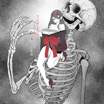 1girl absurdres bare_shoulders bow breasts brown_sandals budget_sarashi chest_sarashi closed_mouth collarbone commentary double-parted_bangs english_commentary fingernails floral_print floral_print_kimono full_body grey_background grey_kimono highres horns huge_bow japanese_clothes jrin_27 kimono large_breasts lipstick long_hair looking_at_viewer makeup nail_polish oni original partially_colored platform_sandals pointy_ears print_kimono red_bow red_eyes red_lips red_nails sandals sarashi short_kimono skeleton smile solo toenail_polish toenails toes translation_request