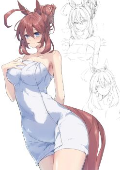 1girl absurdres ahoge animal_ears arm_behind_back bare_shoulders blue_eyes blush breasts brown_hair collarbone covered_navel hair_between_eyes hair_bun hair_up hand_on_own_chest highres horse_ears horse_girl horse_tail huge_ahoge large_breasts long_hair looking_at_viewer mihono_bourbon_(umamusume) multiple_views naked_towel sidelocks simple_background sketch smile tail thighs towel umamusume white_background yuuri_(sinjitu-no-yukue)
