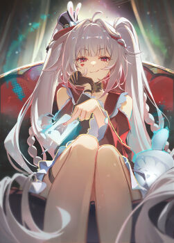 1girl absurdres black_hat commentary couch facial_mark hat heart heart_facial_mark highres honkai:_star_rail honkai_(series) long_hair looking_at_viewer mini_hat mini_top_hat on_couch red_eyes red_shirt shirt sitting smile solo sparkle_(honkai:_star_rail) sparxie_(honkai:_star_rail) top_hat twintails very_long_hair white_hair yanjem