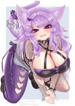 :d alternate_breast_size_(larger) alternate_costume animal_ear_fluff animal_ears artist_name black_choker breasts cat_ears cat_girl cat_hair_ornament cat_tail choker cleavage commentary_request fang hair_ornament heart heart_choker heart_hair_ornament highres hololive large_breasts light_blush long_hair looking_at_viewer masakatsu_(xg-70b) nekomata_okayu open_mouth outside_border purple_eyes purple_hair purple_ribbon ribbon skin_fang smile tail tail_ornament virtual_youtuber