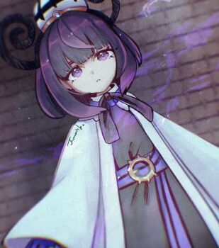 Rule 34 | 1girl, belt, belt buckle, black dress, blunt bangs, bob cut, brick wall, buckle, closed mouth, coat, commentary request, dress, eyelashes, gwynn (pokemon), hat, highres, long sleeves, looking at viewer, nintendo, o-ring, o-ring belt, open clothes, open coat, pokemon, pokemon legends: z-a, purple eyes, purple hair, short hair, signature, solo, trutsmn, white coat, wide sleeves