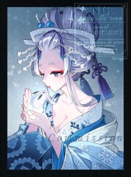 1girl bangs_pinned_back black_border blue_eyes border breasts cleavage commentary_request commission forehead grey_hair hands_up highres japanese_clothes kimono long_sleeves medium_breasts nekozuki_yuki off_shoulder original parted_lips print_kimono short_eyebrows signature skeb_commission snow_rabbit snowflake_print solo thick_eyebrows watermark white_kimono wide_sleeves