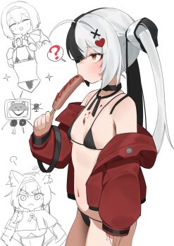 1other 3girls ? ahoge belt belt_collar bikini black_belt black_bikini black_hair black_ribbon breasts collar cowboy_shot eating fellatio female_esper_zero_(nte) flasso food hair_ornament heart heart_hair_ornament highres holding holding_food holding_swimsuit holding_unworn_clothes jacket ketchup lacrimosa_(nte) long_hair long_sleeves looking_ahead meme miku_holding_a_bikini_(meme) mint_(nte) multicolored_hair multiple_girls navel neck_ribbon neverness_to_everness off_shoulder open_clothes open_jacket oral profile red_eyes red_jacket ribbon sausage sexually_suggestive simple_background simulated_fellatio sketch_inset small_breasts speech_bubble swimsuit taygedo_(nte) tongue tongue_out twintails two-tone_hair unworn_swimsuit white_background white_hair x_hair_ornament