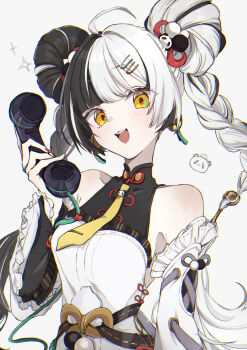 1girl 99noe_honoka absurdres ahoge bare_shoulders black_hair blush braid braided_twintails china_dress chinese_clothes collarbone commentary_request corded_phone detached_sleeves dialyn_(zenless_zone_zero) double_bun dress earrings hair_bun hair_extensions hair_intakes hair_ornament hairclip highres holding holding_phone jewelry long_hair looking_at_viewer multicolored_hair necktie open_mouth panda_hair_ornament phone red_nails ring_hair_extensions simple_background solo sparkle sparkling_eyes split-color_hair upper_body white_background white_dress white_hair wire yellow_eyes yellow_necktie zenless_zone_zero