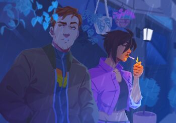 1boy 1girl bitterbatbaby black_tank_top blue_bodysuit bodysuit brown_hair brown_jacket cigarette cropped_jacket dispatch door face_piercing fire flower hand_in_pocket highres holding holding_lighter invisigal jacket lamp lighter lighting_cigarette midriff nose_piercing nose_ring notched_ear piercing pink_jacket rain robert_robertson short_hair sleeves_rolled_up smoking tank_top vase