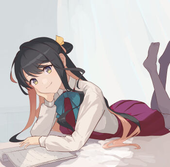 1girl aqua_bow aqua_bowtie black_hair bow bowtie commentary_request commission dress grey_pantyhose hair_ribbon head_rest highres jacket kantai_collection long_hair looking_at_viewer lying multicolored_hair naganami_(kancolle) on_stomach pantyhose pink_dress pink_hair pixiv_commission ribbon smile solo two-tone_hair white_jacket yellow_eyes yuu+