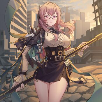 1girl absurdres armor breasts cityscape earpiece glasses highres holding holding_weapon japanese_armor large_breasts long_hair looking_at_viewer naginata parted_lips pink_eyes pink_hair polearm rubble semi-rimless_eyewear shorts shorts_under_skirt shoulder_armor single_sode skirt sode solo tsukishiro_yanagi tutuxia weapon zenless_zone_zero