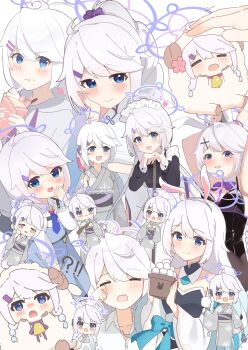 !? 1girl ahoge alternate_costume alternate_form alternate_hairstyle animal_ears black_leotard blowing_kiss blue_archive blue_eyes blush bow bowtie box braid breasts chibi chibi_inset child closed_eyes compilation cuffs detached_collar detached_sleeves flower food green_bow green_bowtie grey_hoodie grey_kimono hair_flower hair_ornament hairclip halo hand_on_own_cheek hand_on_own_face handcuffs headpat highres hituji03-24 holding holding_box holding_food hood hoodie horns ice_cream_crepe japanese_clothes kimono kirino_(blue_archive) leotard long_hair looking_at_viewer maid medium_breasts mochi purple_bow purple_bowtie purple_halo rabbit_ears rubbing_eyes sheep sheep_girl sheep_horns simple_background single_braid solo strapless strapless_leotard swept_bangs twin_braids upper_body very_long_hair white_background white_hair yukata