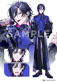 1boy bead_necklace beads belt black_boots black_hair black_jacket black_nails black_pants blue_belt blue_shirt boots character_request closed_mouth commentary_request copyright_request ear_piercing earrings full_body hair_between_eyes highres holding holding_microphone jacket jewelry long_sleeves looking_at_viewer male_focus mandarin_collar manomenou microphone multicolored_hair multiple_views nail_polish necklace off_shoulder one_eye_closed open_clothes open_jacket open_mouth pants piercing pink_hair purple_eyes purple_hair ring sample_watermark shirt shoes short_hair single_earring smile solo standing streaked_hair tassel virtual_youtuber watermark white_background zipper