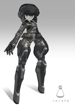 1girl armor arms_at_sides colored_skin commentary_request facial_mark full_body goggles goggles_on_head gradient_background grey_background grey_eyes head-mounted_display highres joints looking_at_viewer no_feet original robot_girl robot_joints smile solo soruto_0w98e standing tareme two-tone_background white_background white_skin