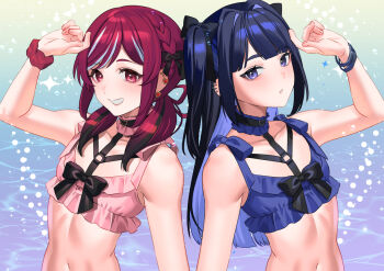 2boys aegyo_sal akagi_kurage arm_up bikini black_bow black_ribbon blue_bikini blue_choker blue_eyes blue_hair bow bracelet braid chest_bow choker colored_inner_hair crossdressing crossdressing_(mtf) ear_piercing earrings frilled_bikini frilled_choker frills gradient_hair hair_intakes hair_ribbon heart heart_choker heart_earrings jewelry makeup male_focus matching_outfits multicolored_hair multiple_boys multiple_bracelets multiple_earrings navel open_mouth original piercing pink_bikini pink_choker red_eyes red_hair red_ribbon red_scrunchie ribbon scrunchie side_braid smile strap streaked_hair swimsuit symmetrical_pose teeth trap two-tone_hair upper_body water wrist_scrunchie