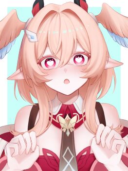 1girl :o blush brown_necktie commentary_request fukami_nau genshin_impact head_wings heart heart-shaped_pupils highres linnea_(genshin_impact) necktie pink_eyes pink_hair pointy_ears symbol-shaped_pupils wings