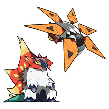 animal_focus blacknirrow bug floating full_body iron_moth looking_at_another nintendo no_humans non-humanoid_robot orange_eyes pokemon pokemon_(creature) pokemon_focus robot robot_animal simple_background slither_wing white_background white_fur yellow_eyes