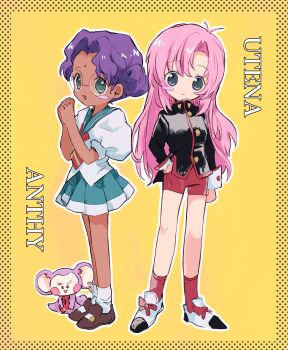 2girls :d absurdres animal bindi blush_stickers character_name chu_chu_(shoujo_kakumei_utena) dark-skinned_female dark_skin glasses green_eyes hair_bun hand_in_pocket hano_luno highres himemiya_anthy jacket long_hair long_sleeves looking_at_viewer monkey multiple_girls open_mouth own_hands_clasped own_hands_together parted_bangs pink_hair pleated_skirt puffy_short_sleeves puffy_sleeves purple_hair round_eyewear school_uniform serafuku short_sleeves shorts shoujo_kakumei_utena skirt smile tenjou_utena