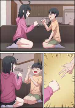 1boy 1girl absurdres black_hair brother_and_sister closed_eyes couch highres indoors kitchen on_couch open_mouth original refrigerator rock_paper_scissors s-goon shorts siblings socks v white_socks