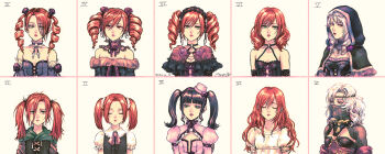 Rule 34 | 2girls, amy sorel, bare shoulders, black hair, blunt bangs, closed eyes, comparison, drill hair, dual persona, expressionless, flower, green eyes, hair between eyes, hair down, hair flower, hair ornament, headdress, highres, hood, long hair, medium hair, morito leaf9, mouth veil, multiple girls, multiple views, official alternate costume, portrait, red eyes, red hair, short twintails, soul calibur, soulcalibur, soulcalibur ii, soulcalibur iii, soulcalibur iv, soulcalibur v, soulcalibur vi, twin drills, twintails, veil, viola (soulcalibur), white hair