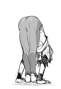 1boy alternate_costume ass blush boku_no_hero_academia exercising greyscale highres leggings male_focus midoriya_izuku monochrome short_hair simple_background solo spacenipnops stretching white_background